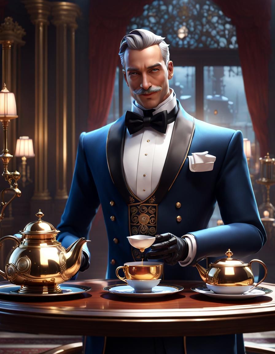 Robot Butler Serving Tea in a Futuristic Mansion