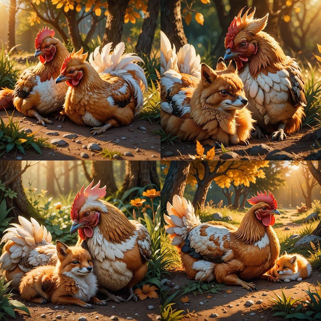 Chicken and Fox Resting Together Peacefully