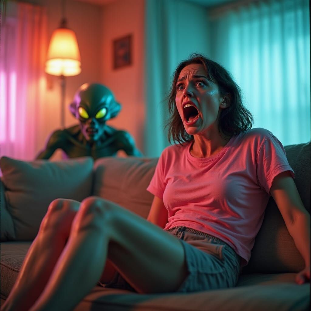 Terrified Woman Confronts Alien Invasion: Cinematic Still