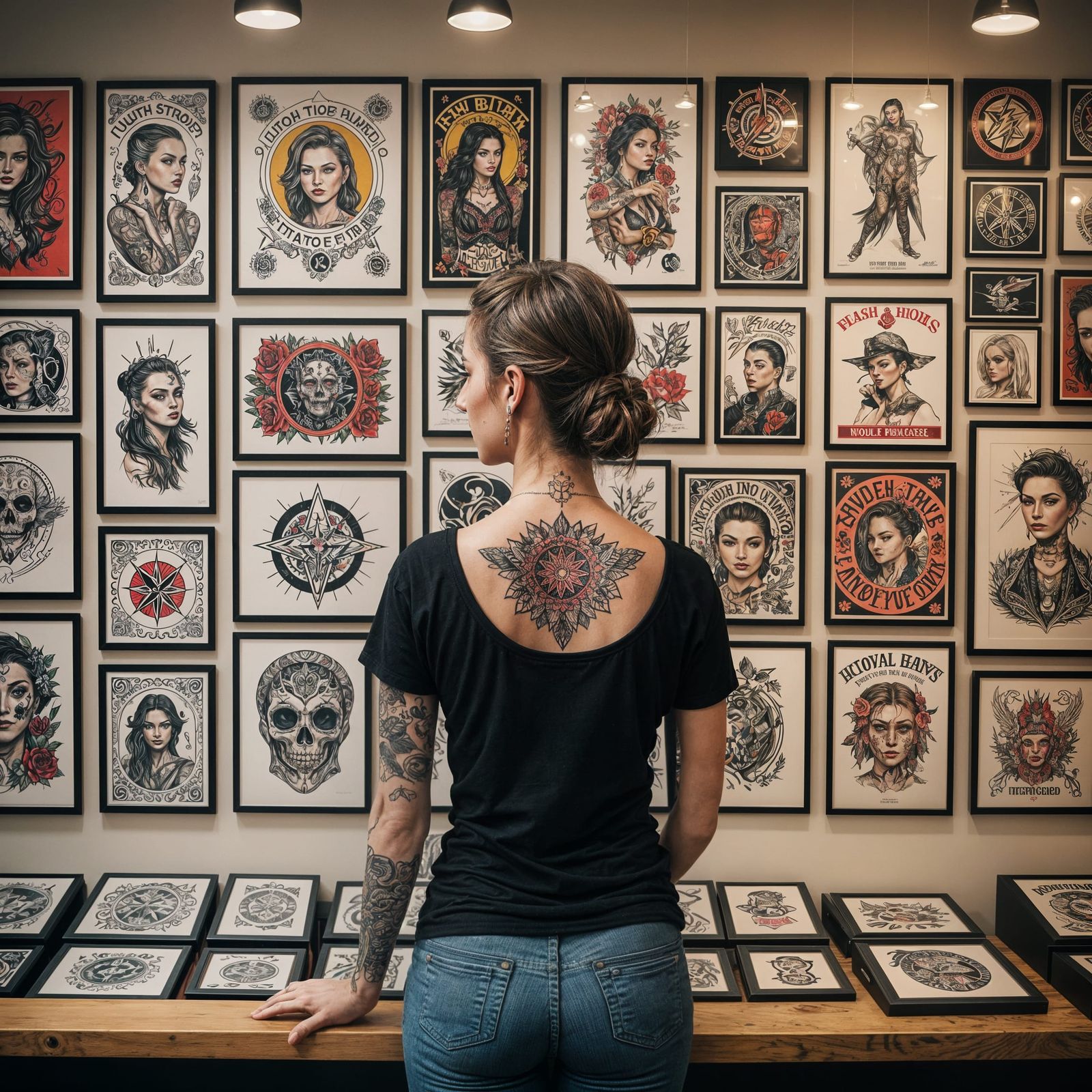Tattoo Shop: Woman Choosing Flash Art Design