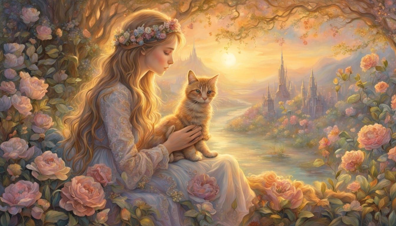Fairy Tale Girl Pets Cat in Flower Park at Golden Hour
