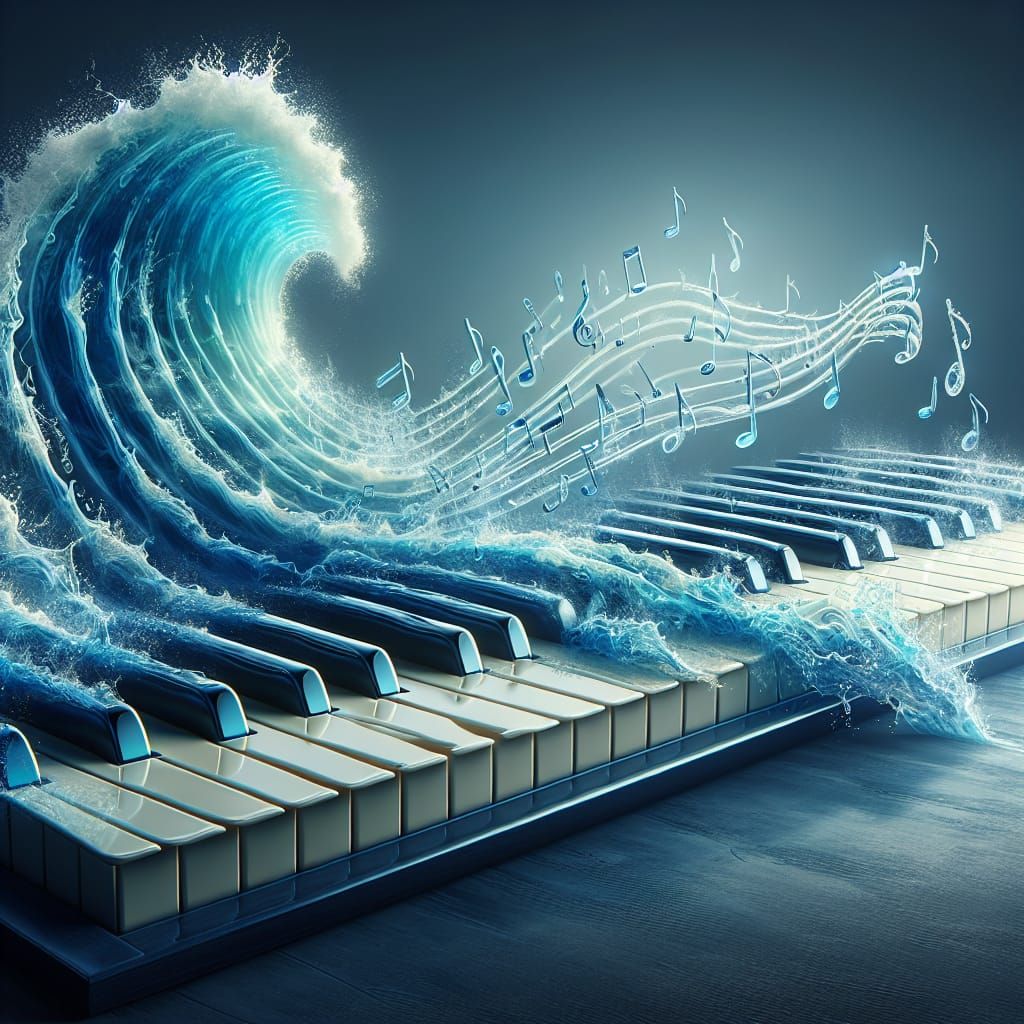 Surreal Piano Keyboard Sound Wave Over Ocean