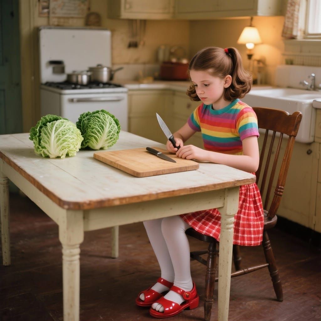 Girl Concentrates on Cabbage Prep in 1950s Kitchen