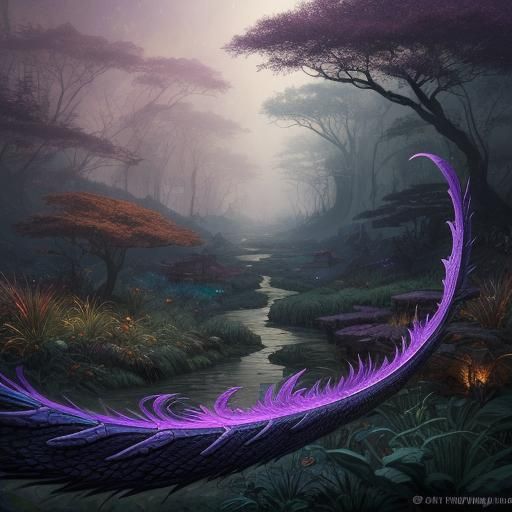 Crane Battles Serpent in Mystical Forest, Fantasy Art