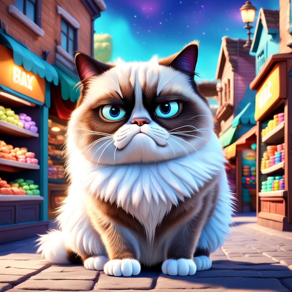 Grumpy White Cat in Store: 3D Digital Art