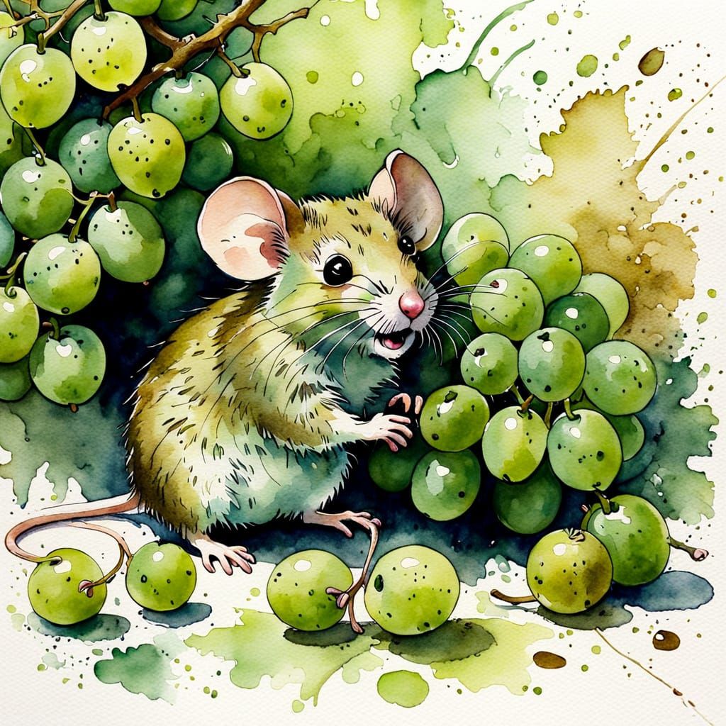 Whimsical Mouse Explores Grapes in Watercolour Style