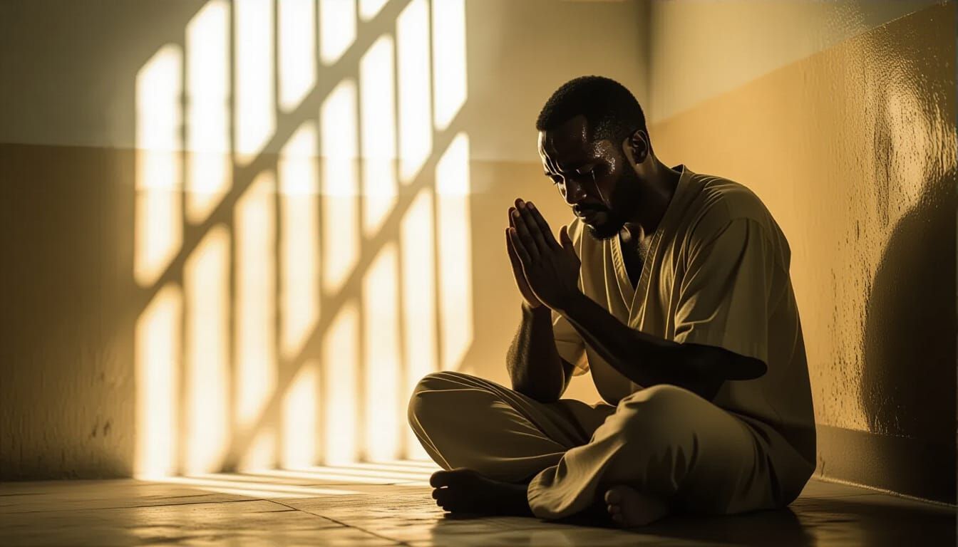 Pastor in Prayer in Dark Nigerian Jail Cell