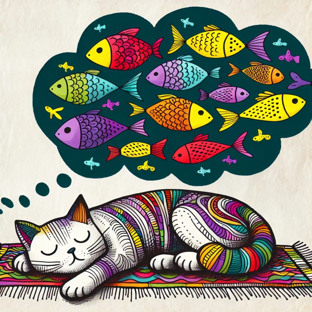 Dreaming Cat in Whimsical Stick Art Style