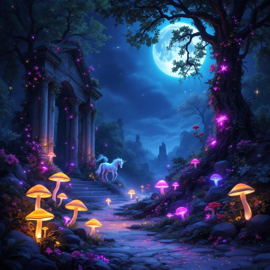 Dreamlike Fantasy Garden Under Indigo Stars