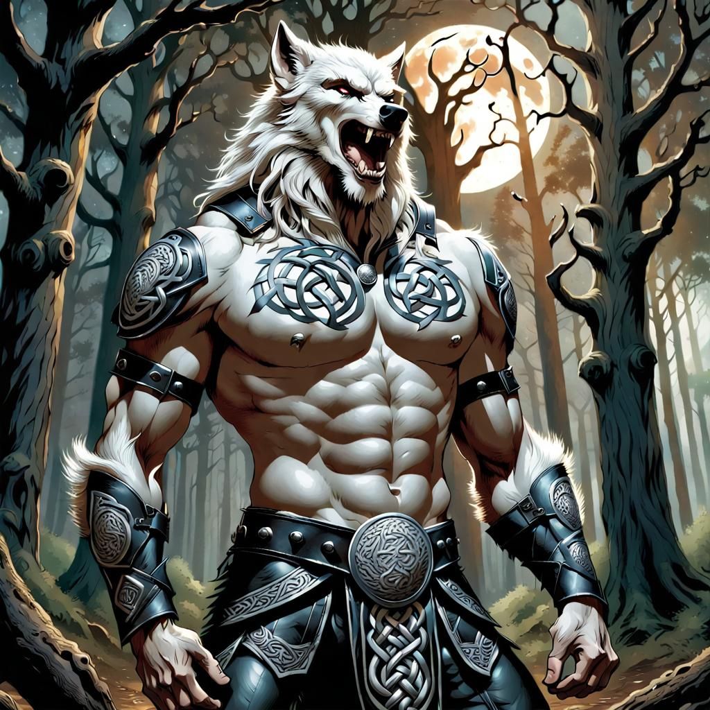 Muscular Werewolf Howling at Moon in Celtic Armor