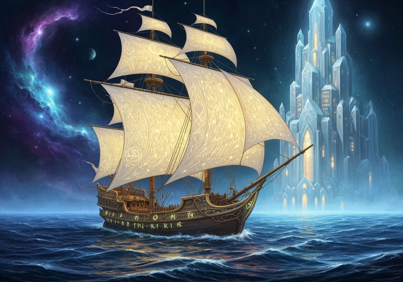 Celestial Sailing Ship Navigates Cosmic Sea