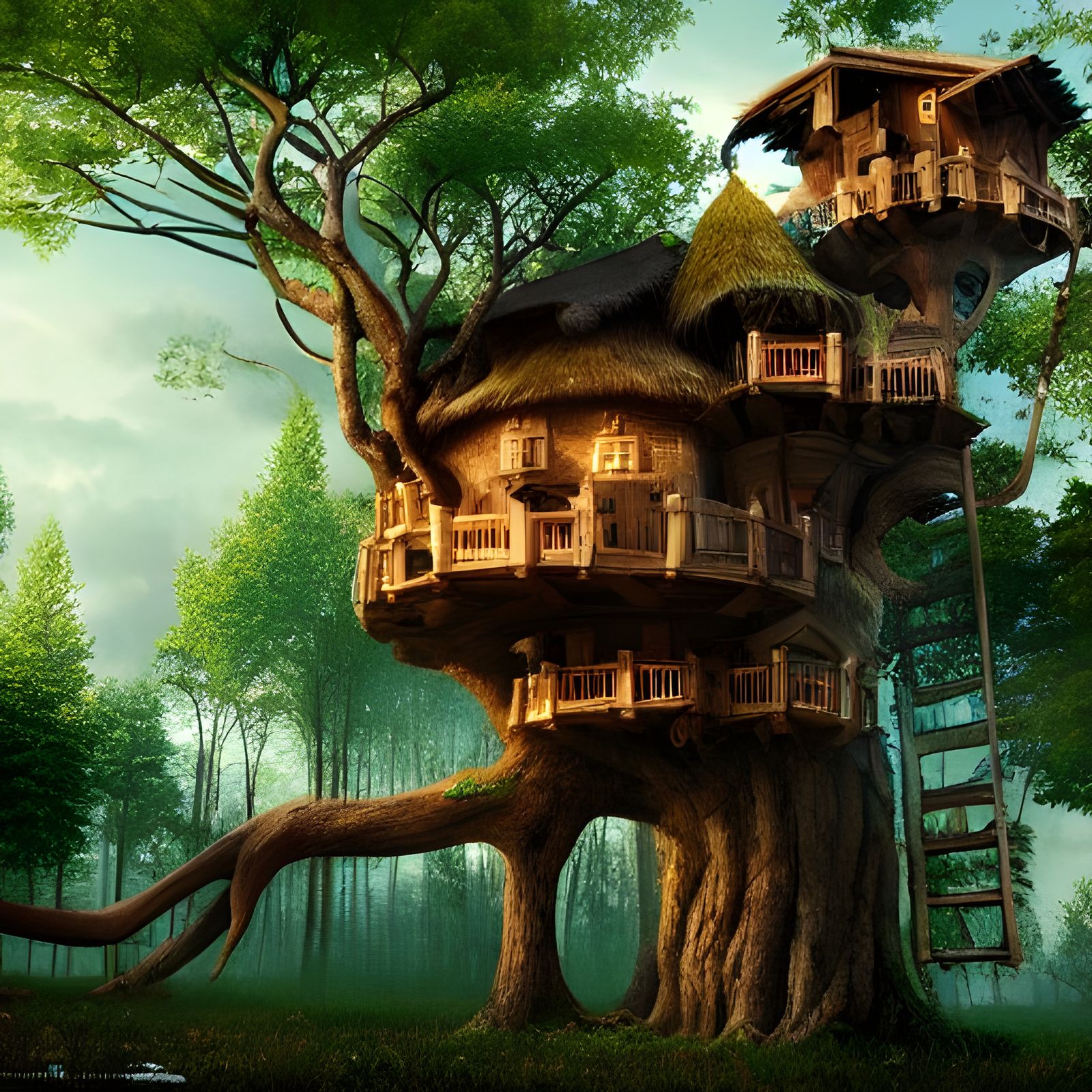 Epic Treehouse in Hyperrealistic Detailed Landscape