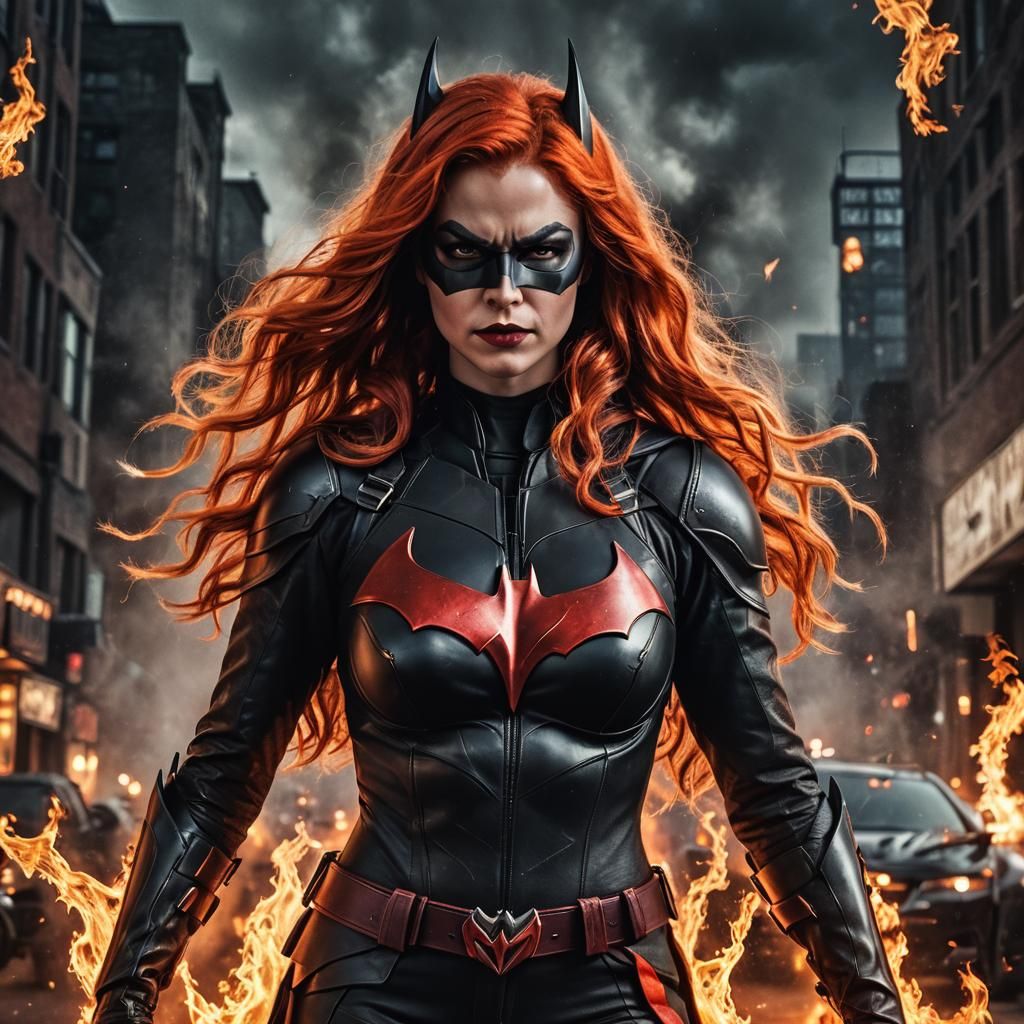 Hyperrealistic Batwoman with Flaming Hair