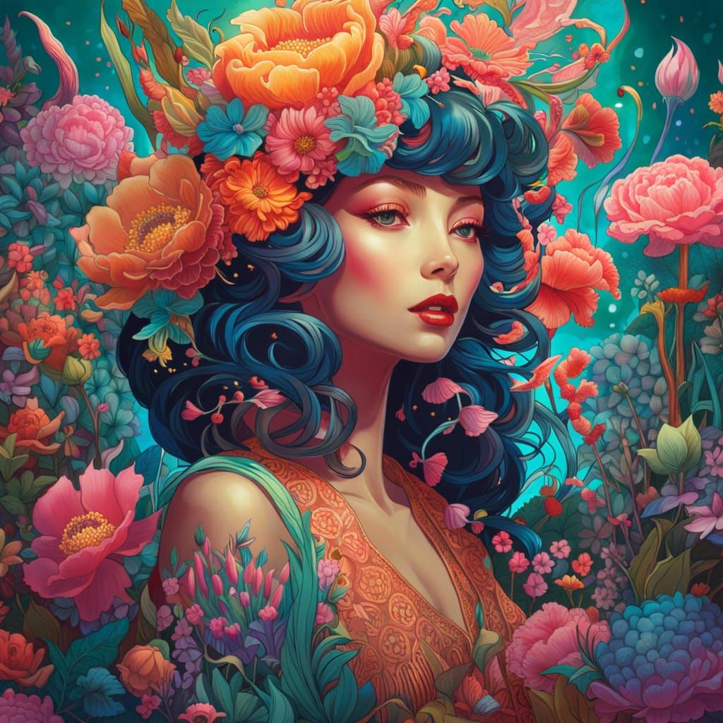 Psychedelic Floral Funk Art Nouveau Portrait