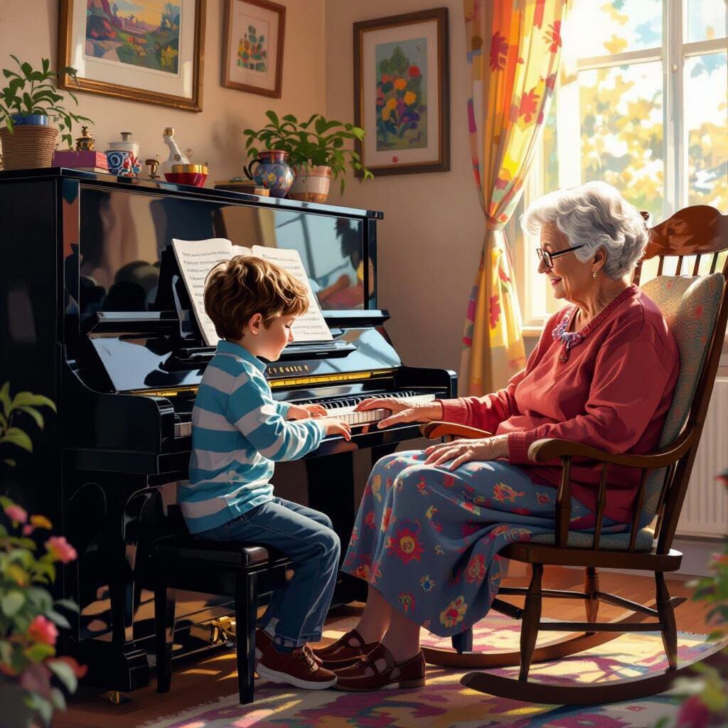 Children Serenade Grandmother: Hyperrealistic Digital Art