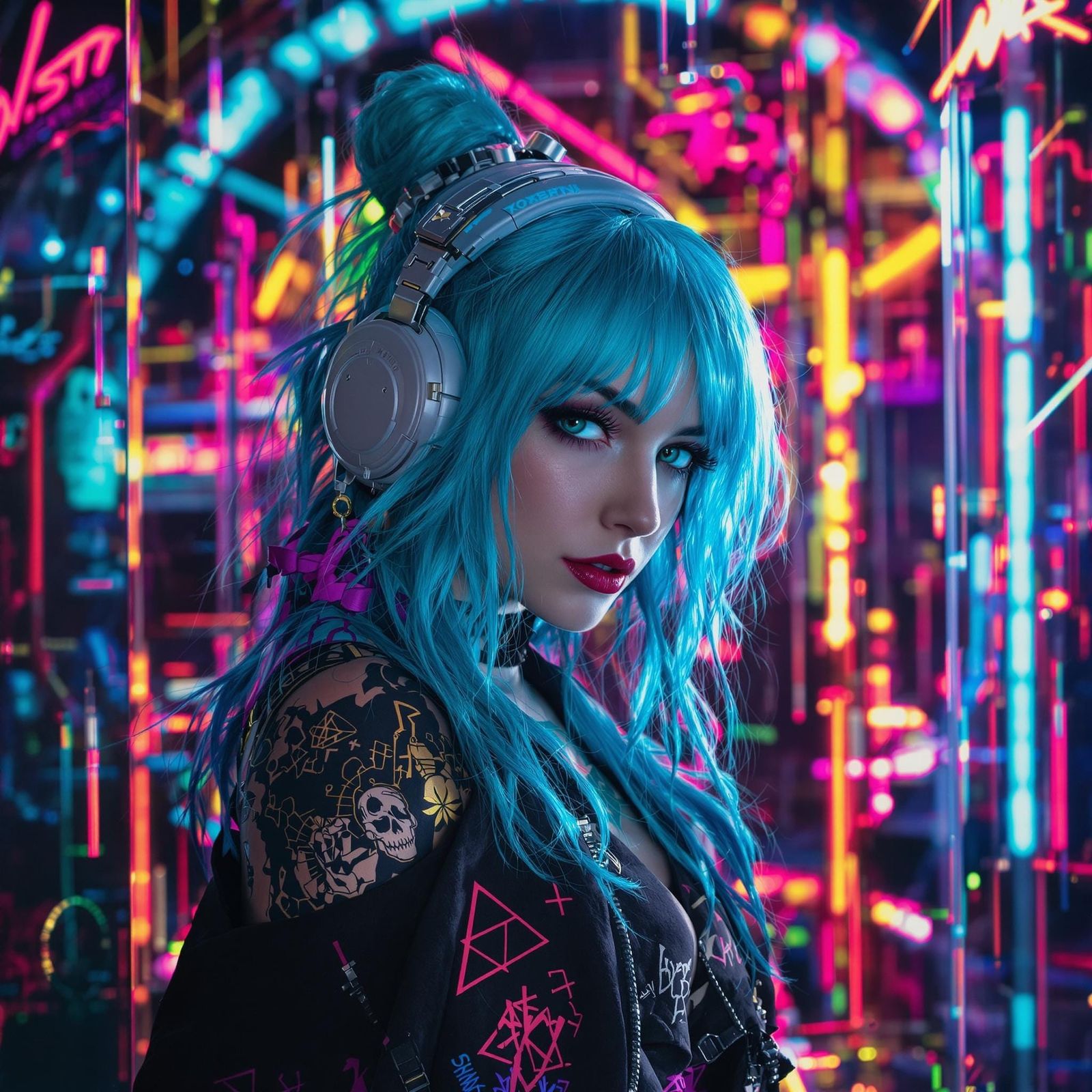 Elegant Cyberpunk Hacker Girl in Neon Glow