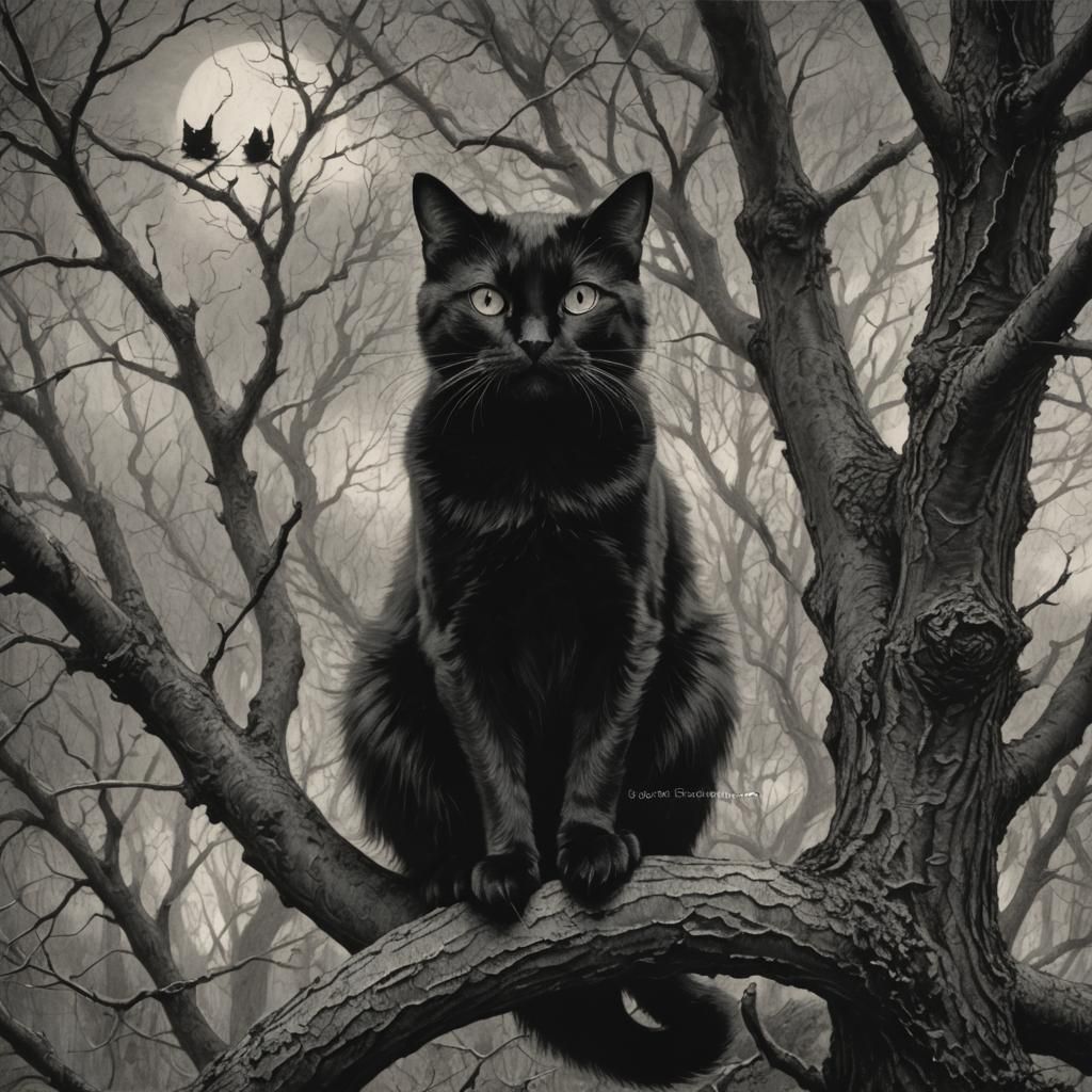 Black Cat in Tree: Horror Illustration