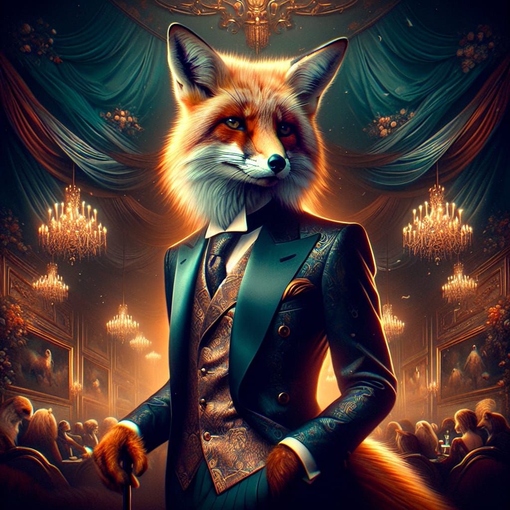 Anthropomorphic Fox in Tuxedo at Regal Party