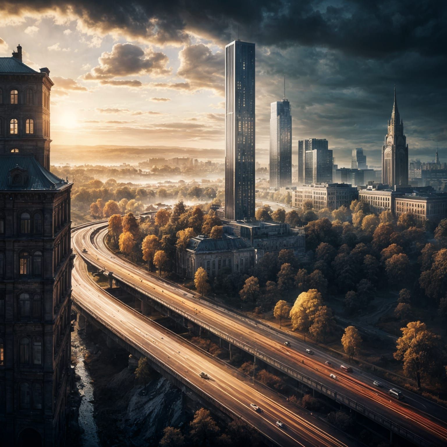 Modern Cityscape with Ancient Temple Ruins