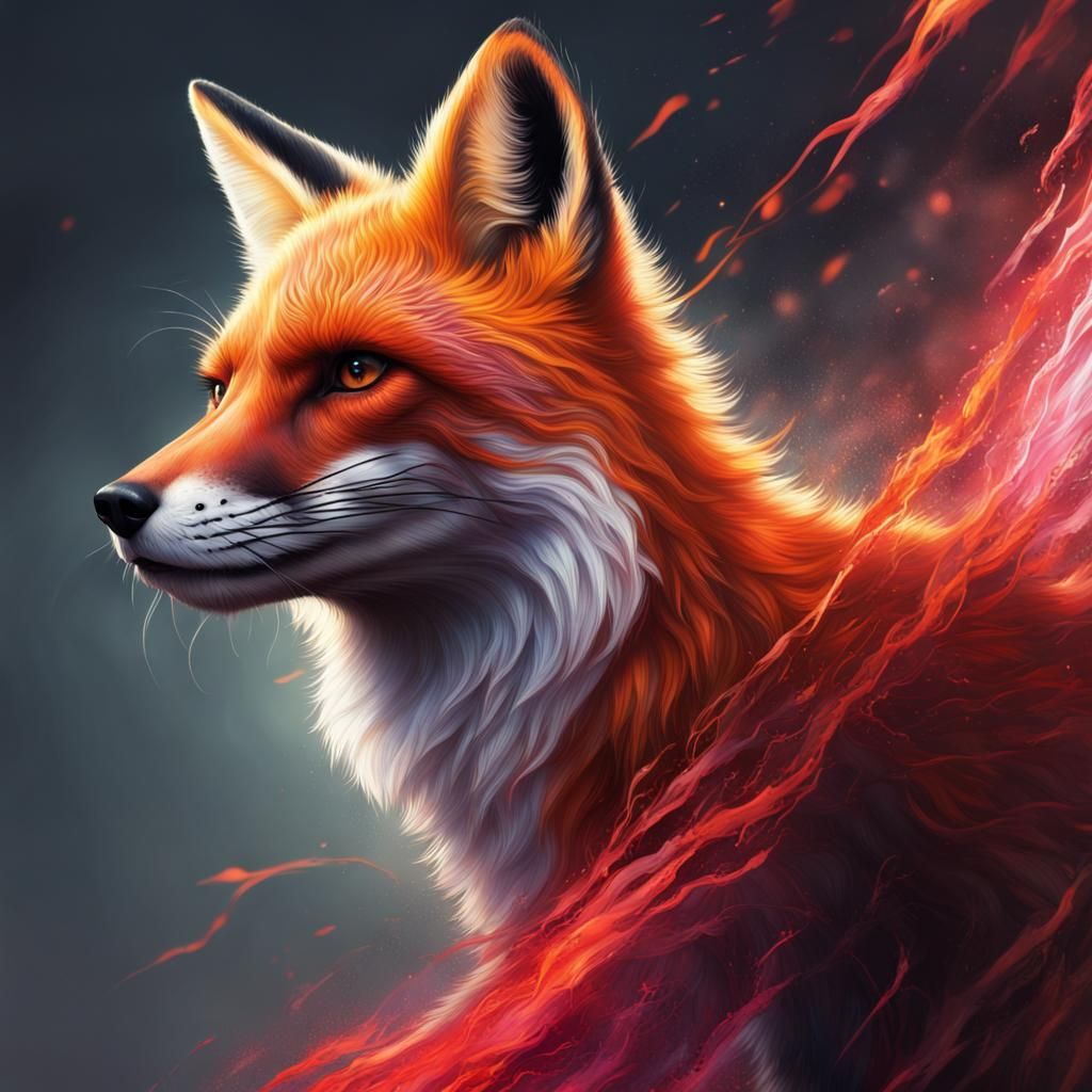Fox in Crimson Flare Dark Magic: Hyperrealistic Art