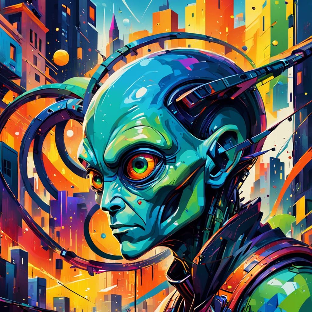 Alien in Vibrant City as Abstract Expressionism