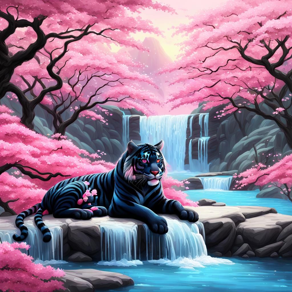 Pink Striped Tiger in Fantasy Cherry Blossom Forest