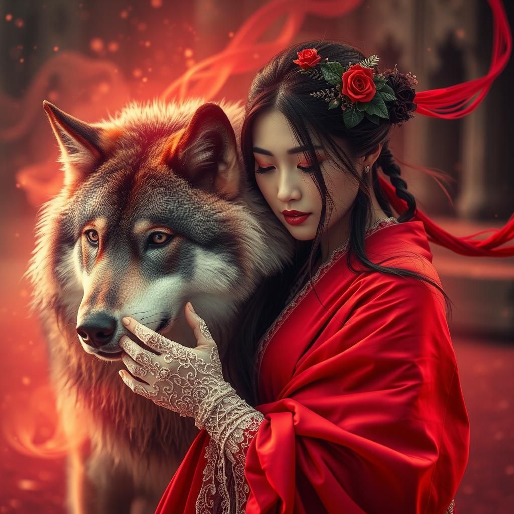 Asian Woman and Wolf in Dreamlike Crimson Hues
