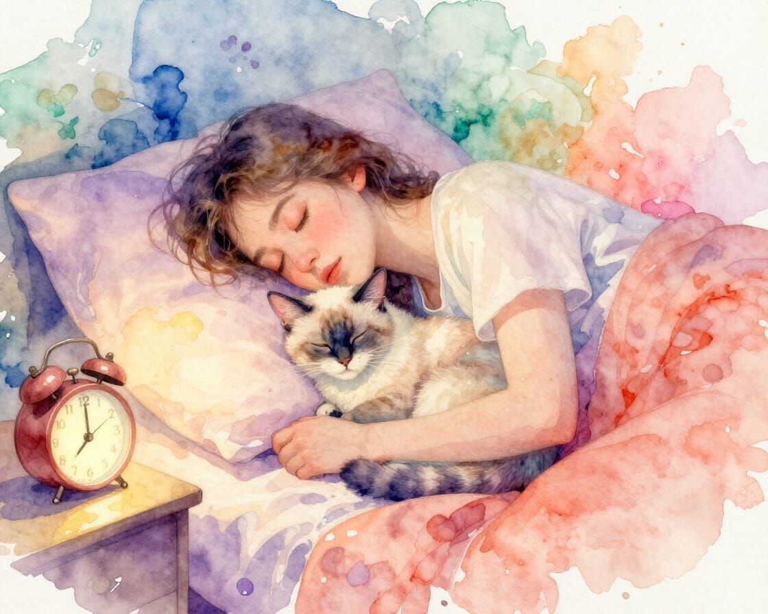 Dreamy Watercolor Scene of a Drowsy Person and Cat