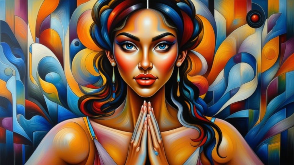 Abstract Oil Painting of Woman in Namaste Gesture