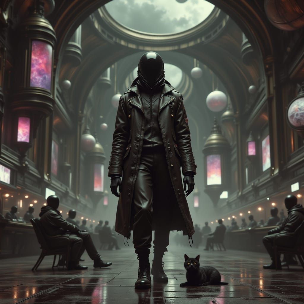 Sci-Fi Figure with Cat in Grungy Lab