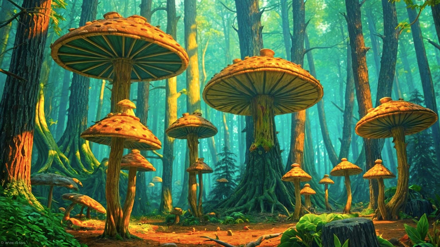 Gothic forest of gigantic mushrooms on an alien world.