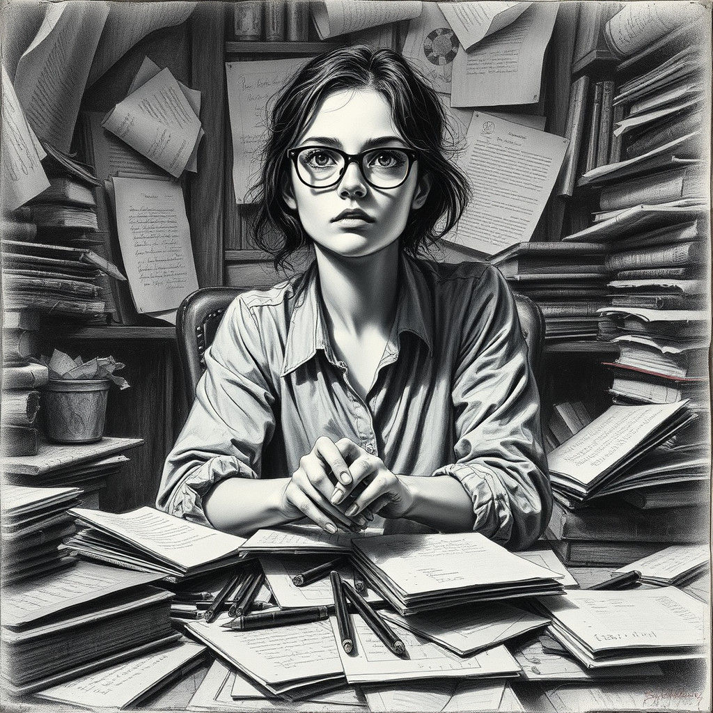 Introspective Woman in Study, Charcoal Drawing