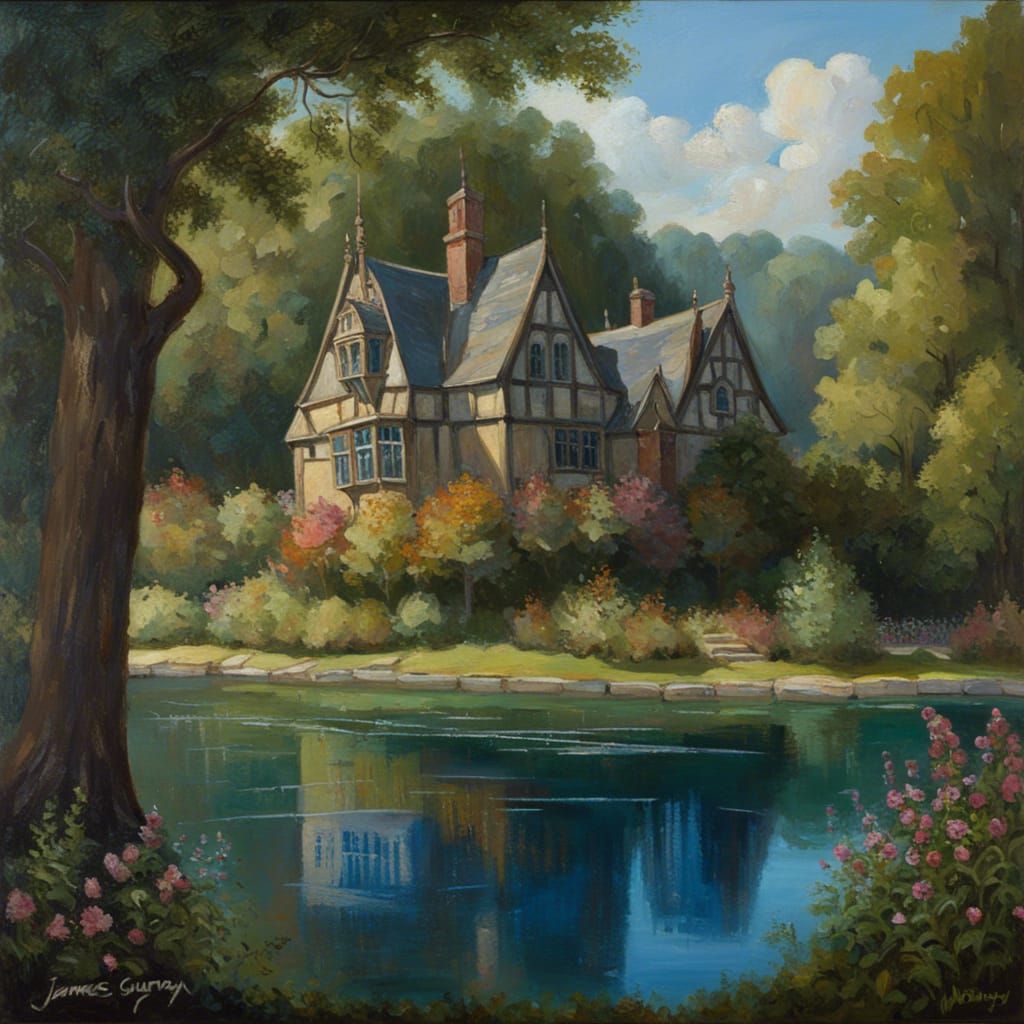Gothic Tavern by Lake in an Oil Painting