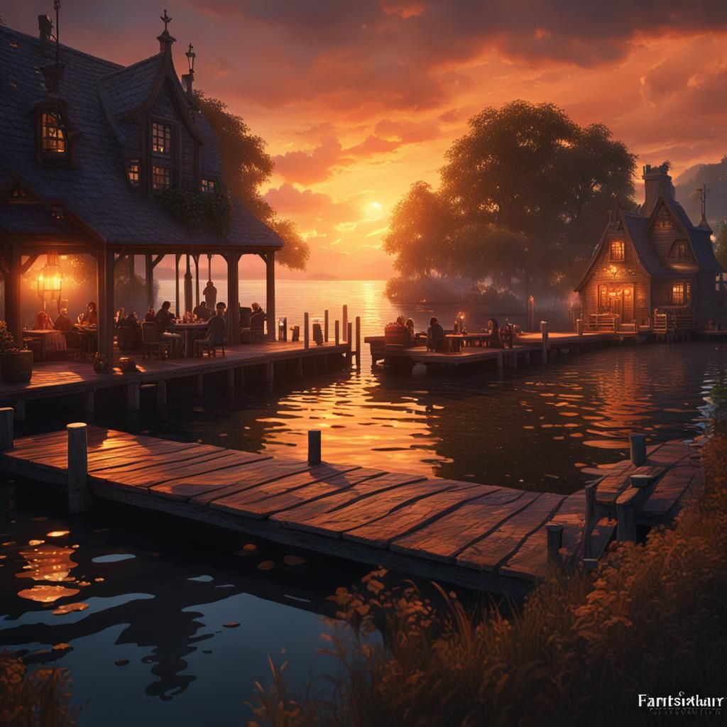 Sunset Dinner on the Dock: Fantasy Matte Painting