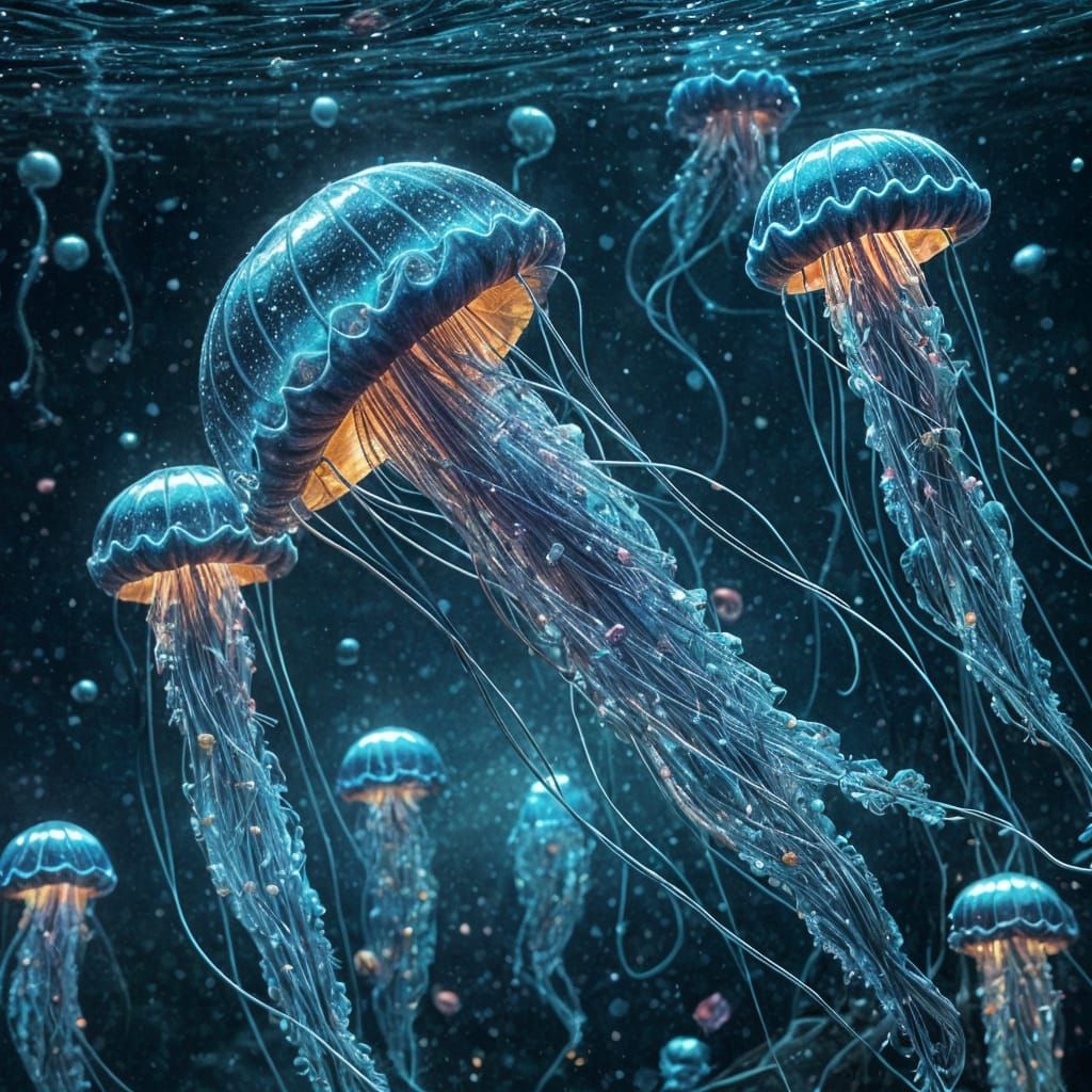Cosmic Jellyfish Dance in Shimmering Oceanscape