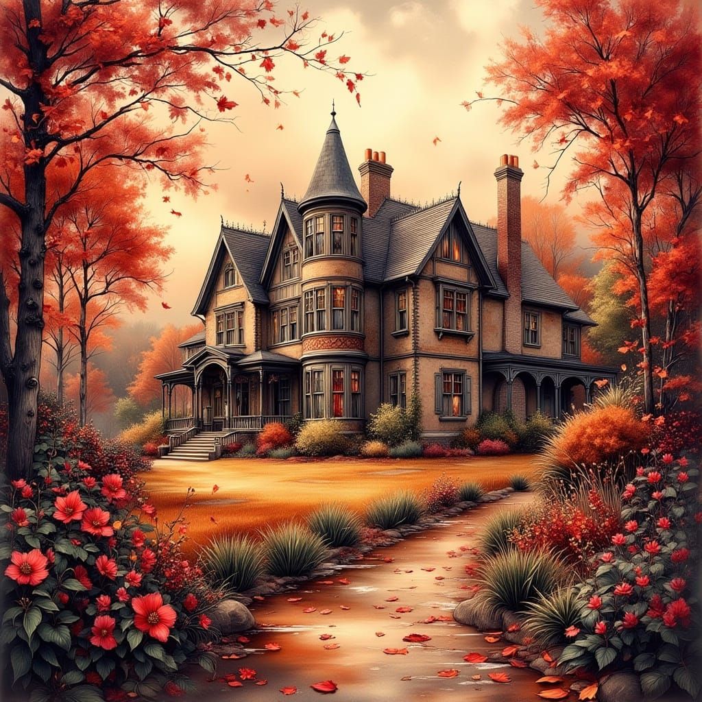 English Manor in Autumnal Watercolor Style
