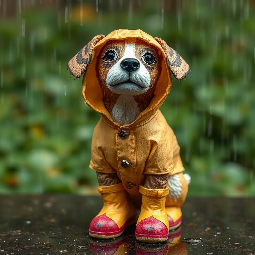 Dog in Raincoat and Galoshes: Paper Mache Sculpture