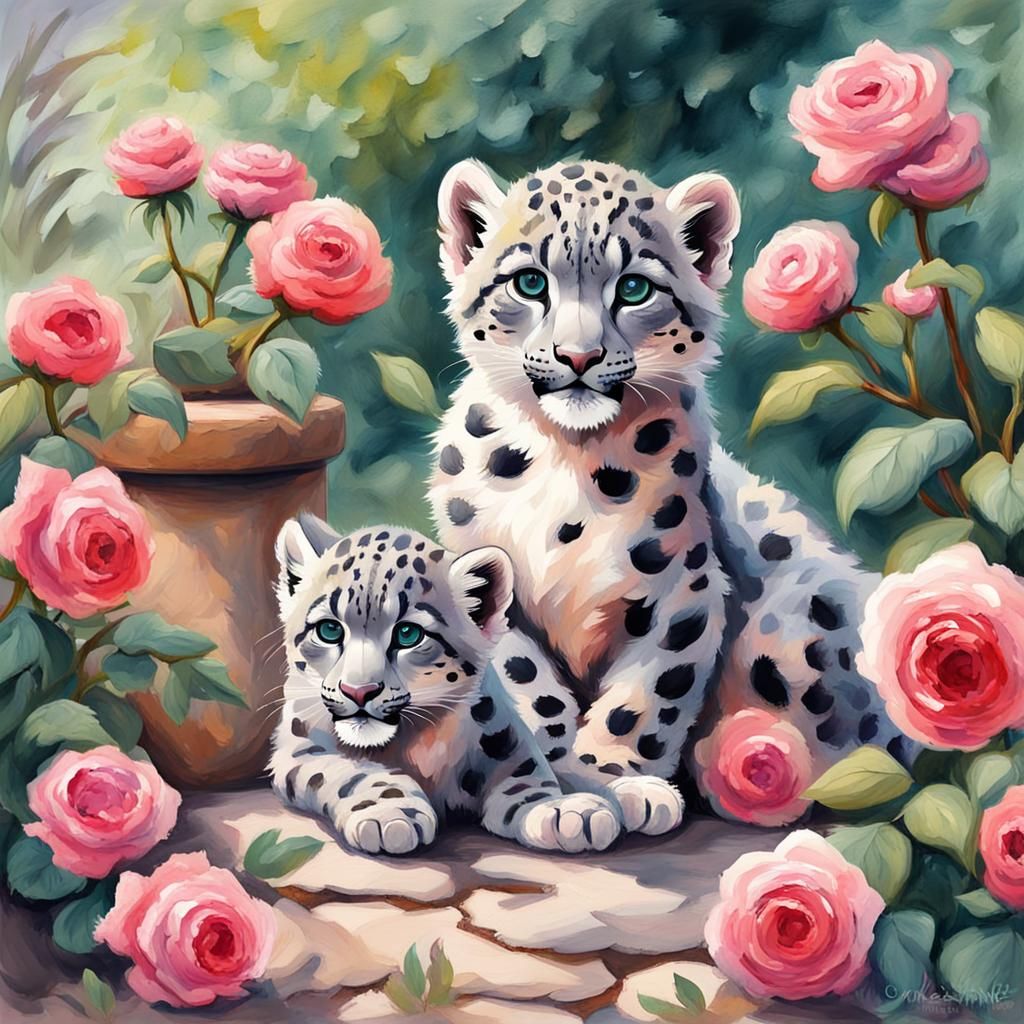 Snow Leopard Cubs Play in Impressionist Rose Garden