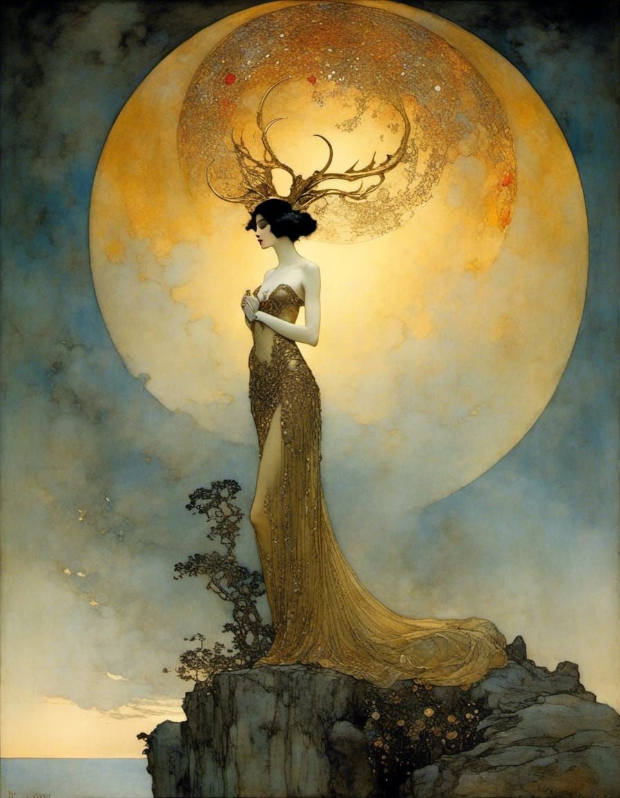 Unseelie Queen with Stag Antlers, Art Nouveau Style