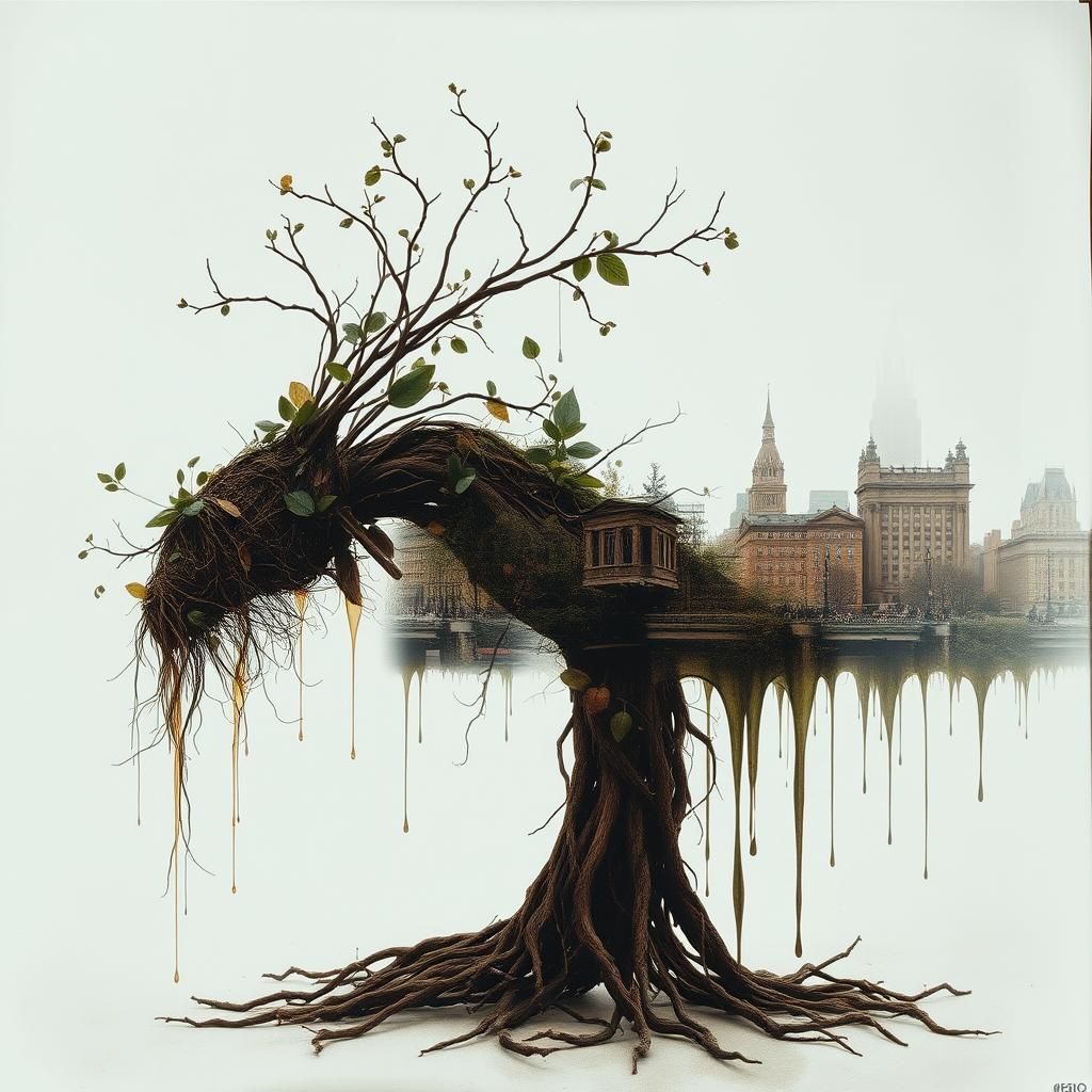 Surreal Root Creature Double Exposure: New York Cityscape