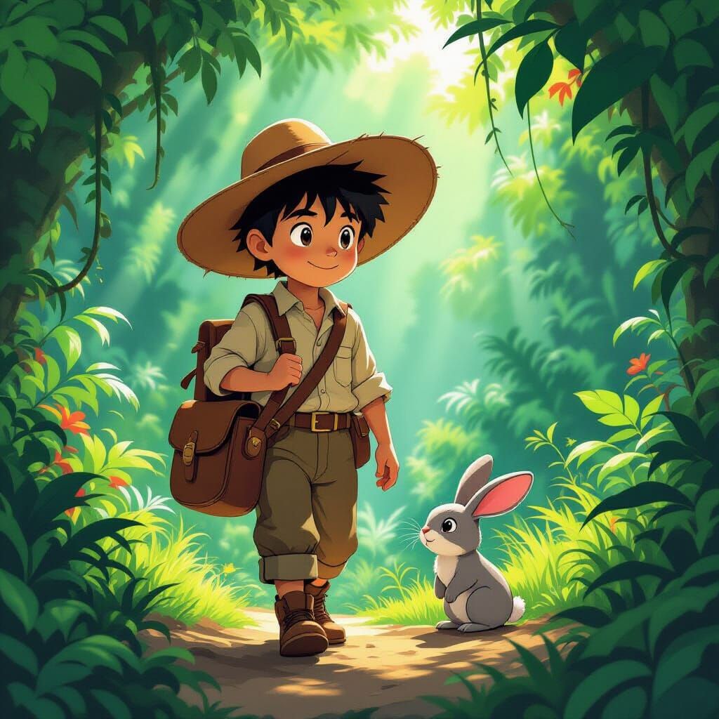 Boy on Jungle Quest in Studio Ghibli Fantasy Style