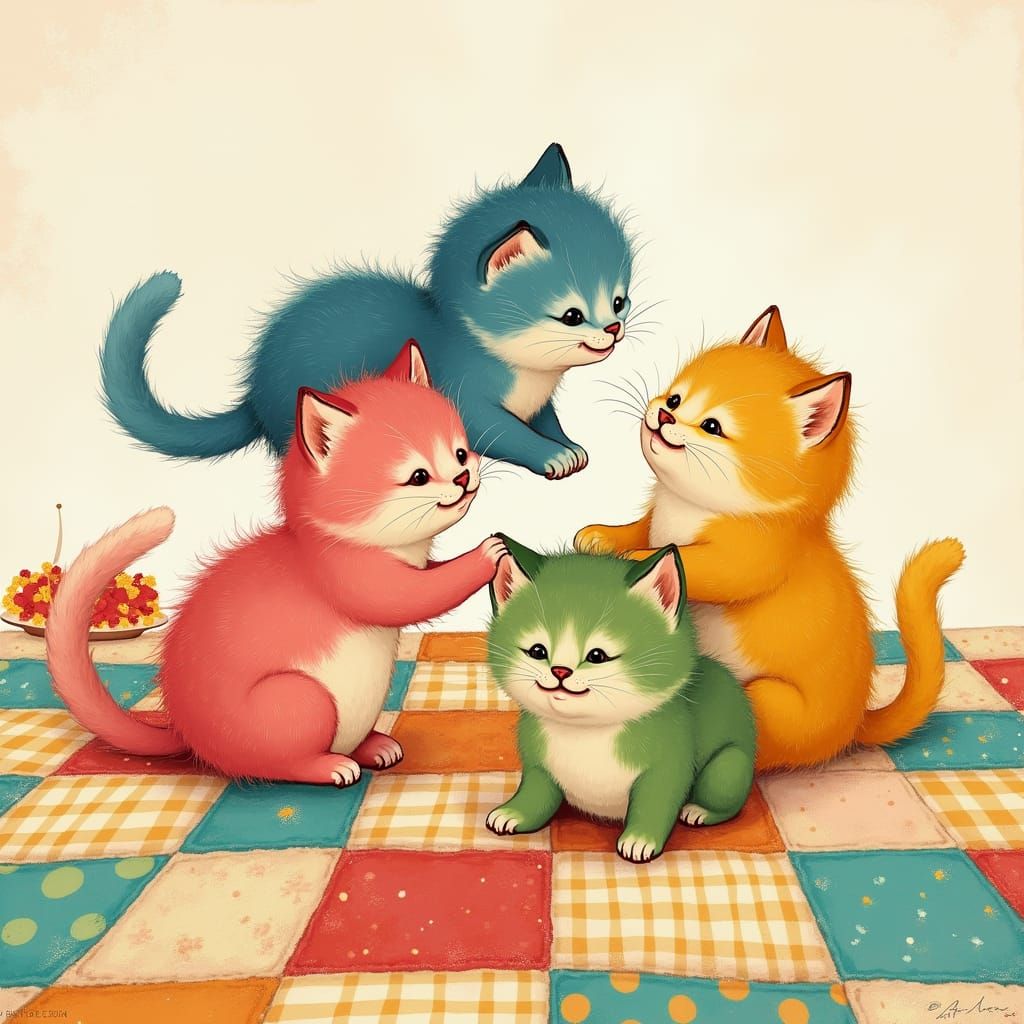 Kittens Frolic On A Gingham Print Quilt