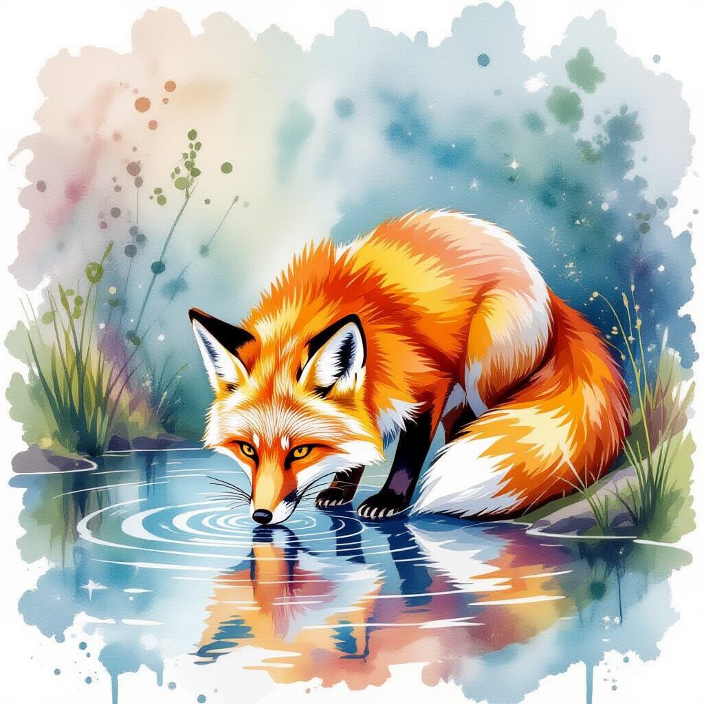 Magical Fox Drinking: Watercolor Alcohol Ink Splatter