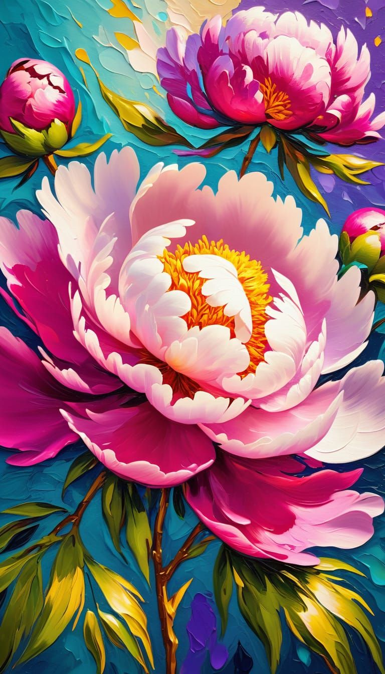 Vibrant Peony Oil Painting with Thick Impasto Petals