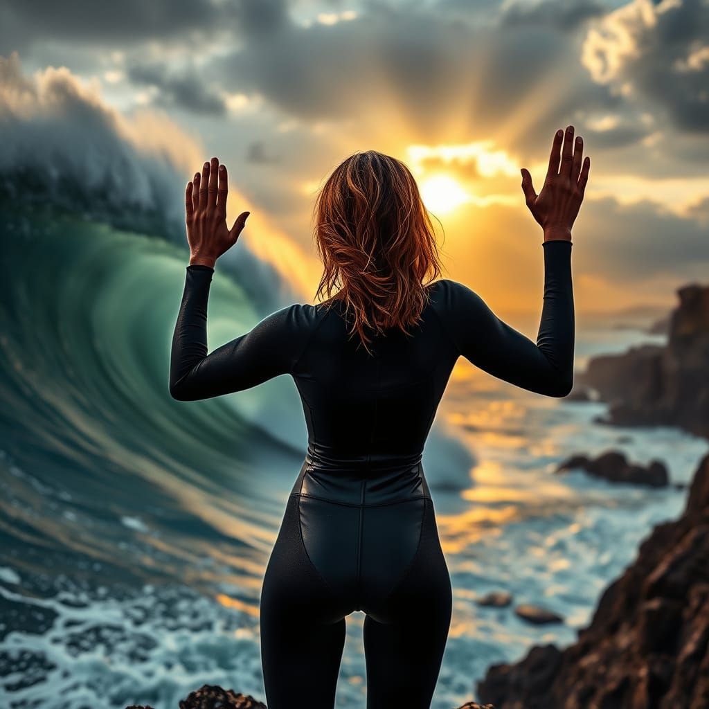 Sleek Surfer Woman Embracing Ocean's Fury