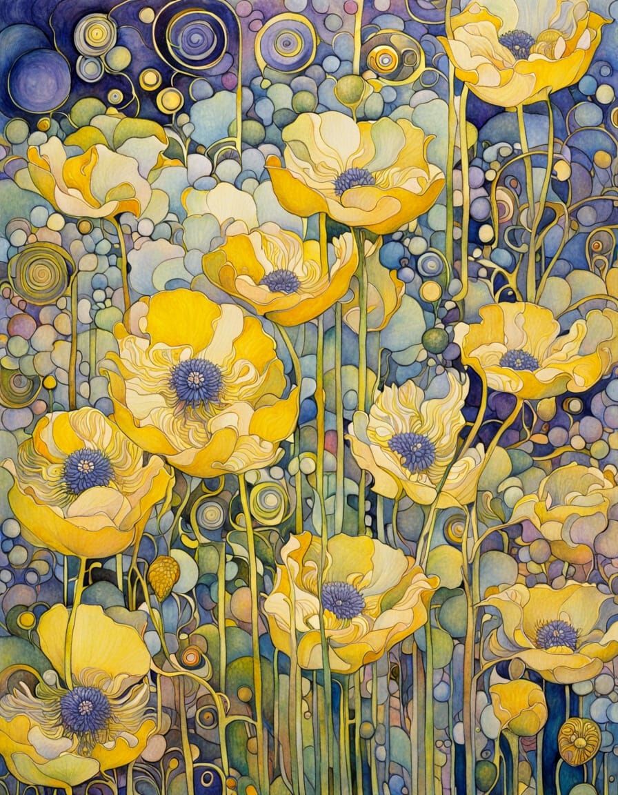 Abstract Anemone Flowers in Art Nouveau Style