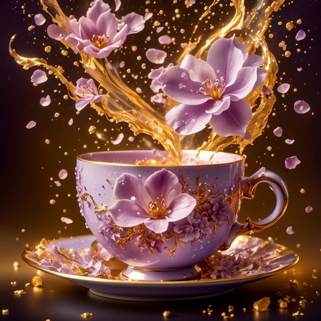 a stunning lilac teacup with flower petals