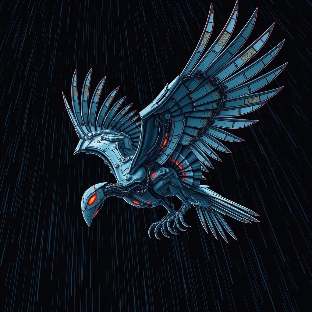 Armored Mechbird Descends in Metallic Rain