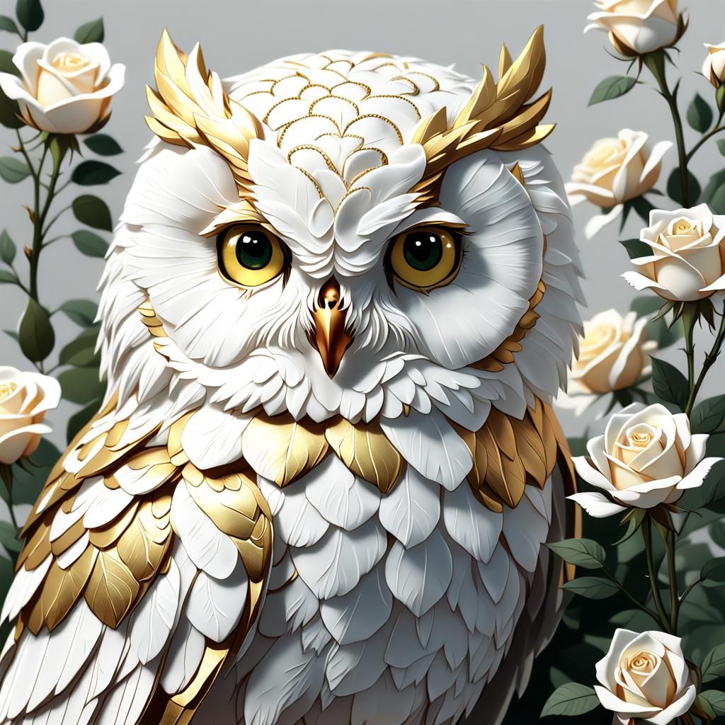 Ethereal Owls Frame Gold Rose in Anime Style