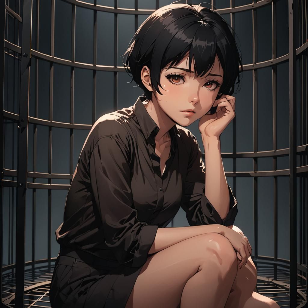 Caged Woman with Despair, Anime Cel-Shaded Art